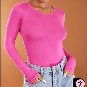Hot Pink long sleeve crew neck body suit from PrettyLittleThing